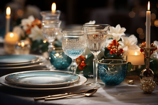 Dinner table with a light blue, gold aesthetic, plate set with blue glasses, wine glasses, white candles, flowers. Blurred candles and decorations on a dark blurred background.