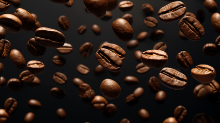 Obraz premium Grains de café, graines marrons. Boisson chaude. Café, cappuccino, mocha, macchiato. Arrière-plan pour conception et création graphique.