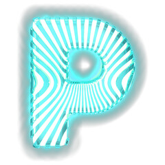 White symbol with ultra thin turquoise luminous vertical straps. letter p
