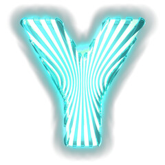 White symbol with ultra thin turquoise luminous vertical straps. letter y