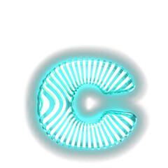 White symbol with ultra thin turquoise luminous vertical straps. letter c