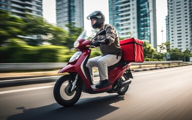 Food delivery man courier using on a scooter with a cube-shaped delivery bag moving fast to deliver address in the city