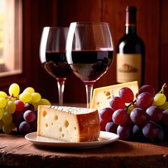 Elegant luxury arrangement of red wine, grapes, and cheese
