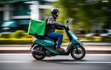 Food delivery man courier using on a scooter with a cube-shaped delivery bag moving fast to deliver address in the city - obrazy, fototapety, plakaty