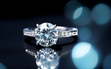 Silver Diamond Ring with Blue Bokeh