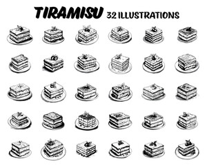 Collection of drawn Tiramisu slices. Sketch illustration