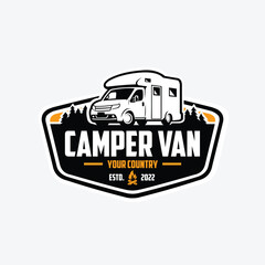 Camper van emblem logo design. Ready made motorhome caravan logo. Best for campervan motorhome rv related industry