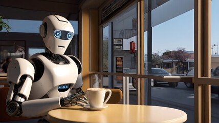 Robot desayunando tomando un café androide futurista comiendo - obrazy, fototapety, plakaty