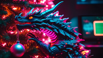 Obraz na płótnie Canvas Cyberpunk dragon, Christmas tree, new year 2024