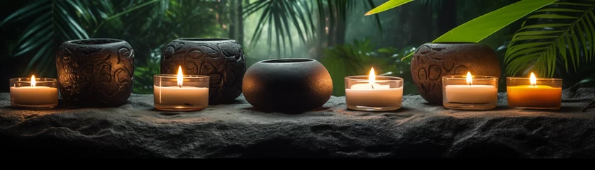 Fototapete Massagesalon Aroma candles on stones and pots composition set in jungle, luxury design for spa hotel, beauty wellness, Thai salon. Mystical candles. Forest background. Exotic massage oils treatment banner, border
