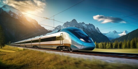 Long high-speed train travels at high speed, moving fast - obrazy, fototapety, plakaty