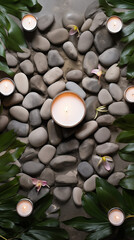 Fototapeta na wymiar Aroma candle and stones backdrop set on jungle beach, luxury design for spa hotel, beauty wellness. Mystical candle lit. Flat lay. Exotic hot stone massage treatment banner. Bright light