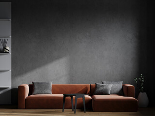 Premium living room with terracotta brown accent sofa. Dark black plaster decorative stucco on the wall of microcement texture. Mockup interior design for art. Lounge office or home. 3d rendering 