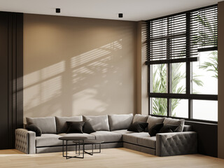Fototapeta premium Luxury living room in tan nude beige color. Brown and gray black taupe accents of the interior design room. Mockup empty painting wall. Large sofa in lounge area or hotel, office hall. 3d rendering 
