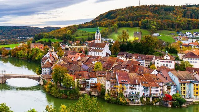 Laufenburg, Switzerland on the Rhine River at twilight.