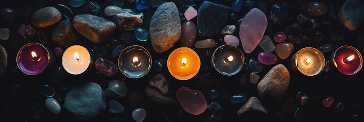 Border with aroma candles and stones composition, luxury design for spa hotel, beauty wellness. Mystical candles lit. Flat lay. Dark background. Exotic hot stone massage treatment banner - obrazy, fototapety, plakaty