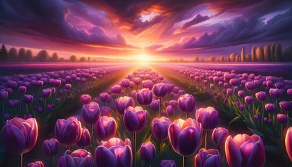 Tuinposter Pruim Champ de tulipes violettes