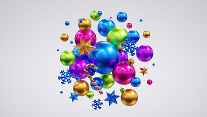 3d render, assorted New Year ornaments, glass balls and baubles. Winter holiday clip art isolated on white background. Merry Christmas