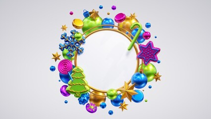 3d rendering, modern round Christmas wreath. Holiday banner. Blank frame with copy space, decorated with festive colorful ornaments. Clip art isolated on white background