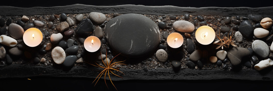 Aroma candles and accessory, stone postament for product. Luxury design for spa hotel, beauty wellness, Thai salon. Flat lay. Dark background. Exotic treatment banner, border, add, sale