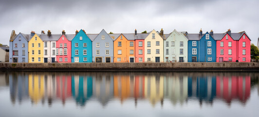A row of colorful houses next to a body of water. Generative AI.