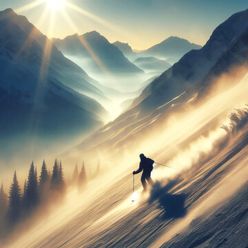alpine ski slope on a steep snow-covered slope, skier in the sun's rays against the backdrop of mountains and forest