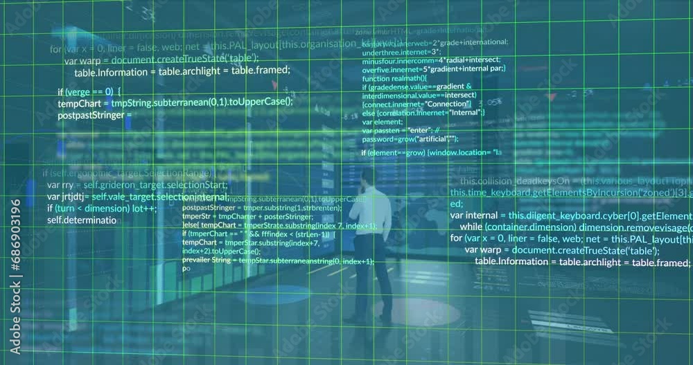 Poster animation of rear view of businessman looking at screens with statistical data processing
