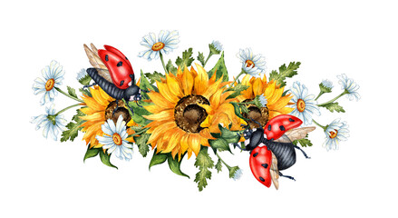 Watercolor illustration of a wreath of yellow sunflowers, white daisies and red ladybugs. Harvest Festival. The border is isolated. Compositions for posters, cards, banners, flyers, covers, placards. © AliCris