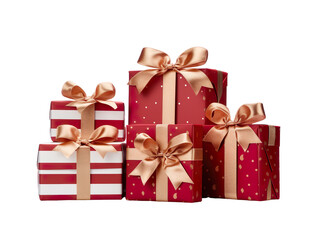 A Set of Red and White Gift-Wrapped Presents Adorned with Red and Gold Ribbon Bows, Isolated Against a Transparent Background
