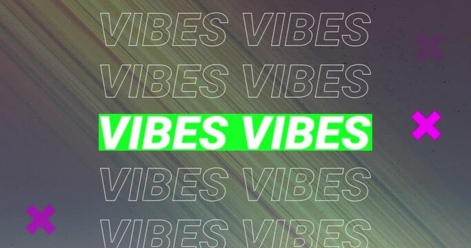 Animation of vibes text banner and abstract shapes against neon 3d city model on black background