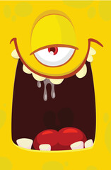 Funny cartoon monster face with one eye.  Illustration of cute and happy monster expression.