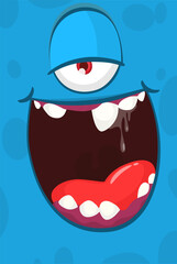 Funny cartoon monster face with one eye.  Illustration of cute and happy monster expression.