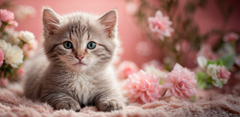 Naklejka premium Doçura Felina: Explorando a Beleza das Rosas com um Gatinho Fofo