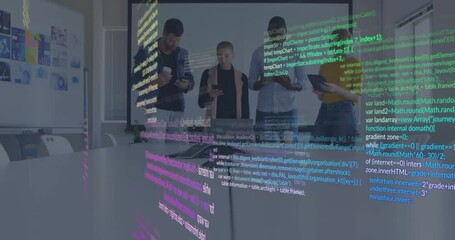 Animation of data processing against team of diverse colleagues using electronic devices at office - Powered by Adobe