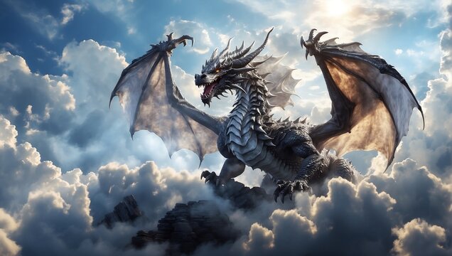 A mighty dragon stands atop the mountain peak, reaching up into the clouds of the sky.
