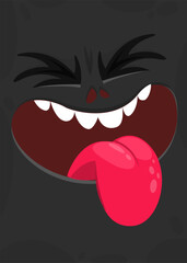 Obraz premium Funny cartoon monster face showing tongue. Illustration of cute and happy monster character