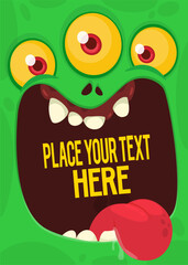 Funny cartoon monster face.  Illustration of cute and happy monster expression.. Halloween design