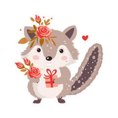 Cute chipmunk hackeehackee animal isolated character with gift and flower Vector happy funny greeting card for Valentine day and birthday.