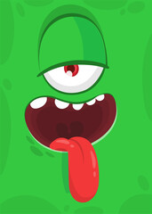 Funny cartoon monster face with one eye.  Illustration of cute and happy monster expression.