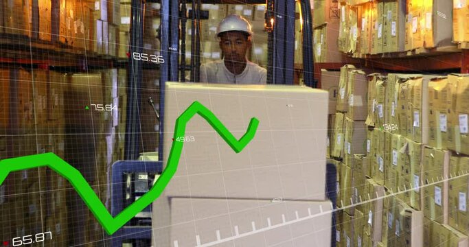 Animation of statistical data processing over biracial male worker operating forklift at warehouse