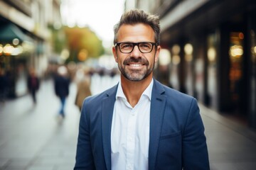 Stylish Businessman with Glasses Smiling on a Busy City Street
