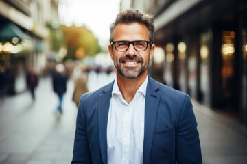 Fototapeta premium Stylish Businessman with Glasses Smiling on a Busy City Street 