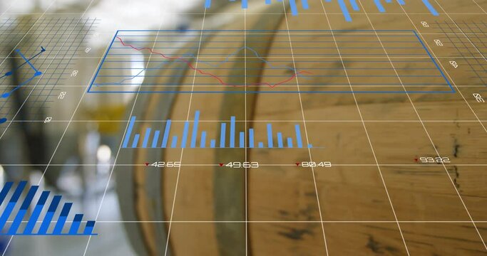 Animation of statistical data processing against close up of a barrel at a factory