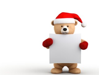 Bear in Santa Claus hat holding up a blank list isolated on a white background. Christmas mockup.