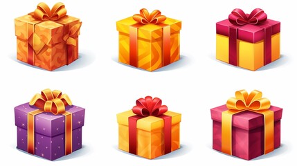 A set of six colorful gift boxes with bows