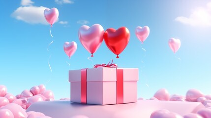 A gift box with a bow and balloons floating over it