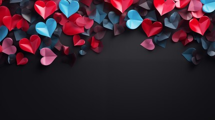 A black background with red, blue and pink hearts