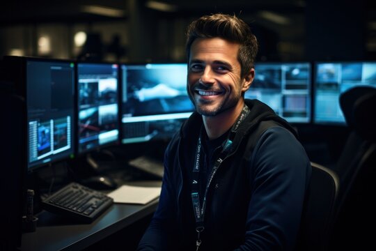 Smiling Tech Professional in a Network Operations Center with Multiple Monitors
