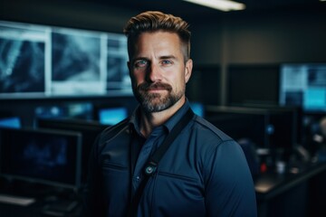 Confident Cybersecurity Expert in Control Room with High-Tech Monitors
