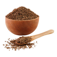 Cumin Seeds in Wooden Bowl and Spoon Isolated Transparent